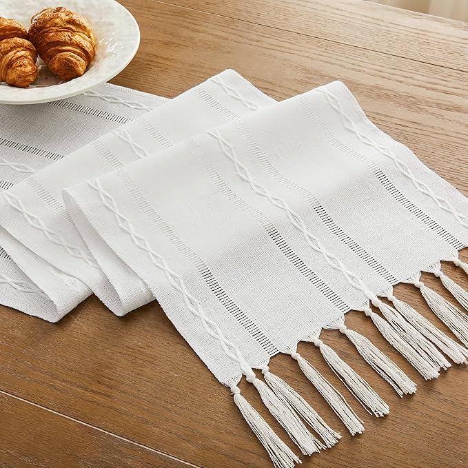 Christmas Table Runner, White 13x108 Inch, Hemstitched Farmhouse Cotton Linen Boho Table Runners 108 Inches Long, Embroidered Striped Rustic Home Decor