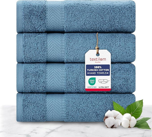 TEXTILOM 100% Turkish Cotton 4 Pcs Hand Towel Set, Luxury Hand Towels for Bathroom, Soft & Absorbent Bathroom Hand Towels Set (16 x 28 inches)- Mid Blue