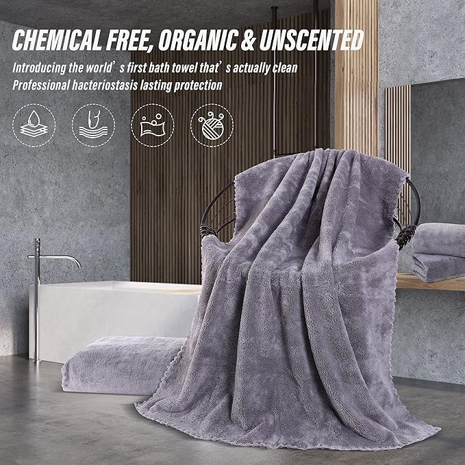 MOONQUEEN 2 Pack Premium Bath Towel Set - Quick Drying - Microfiber Coral Velvet Highly Absorbent Towels - Multipurpose Use as Bath Fitness, Bathroom, Shower, Sports, Yoga Towel (Grey)