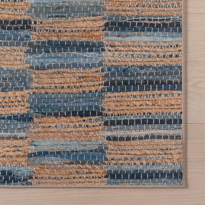 Dash & Albert Ravel Stripe Blue Machine Washable Rug, 2 X 3 Feet, Tan/Blue Stripe Pattern