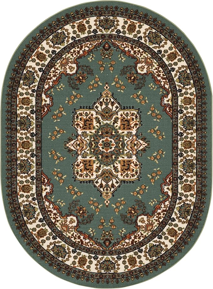 Antep Rugs Alfombras Oriental Traditional 5x7 Non-Skid (Non-Slip) Low Profile Pile Rubber Backing Indoor Area Rugs (Green, 5' x 7' Oval)