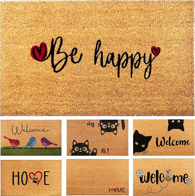 Be Happy - 17"x29" - Coir Door Mat with Heavy Duty Backing - Welcome Mats for Entryway, Porch - Anti-Slip PVC & Coconut Fiber Surface - Natural Home Accessories, Minimalist Original Design