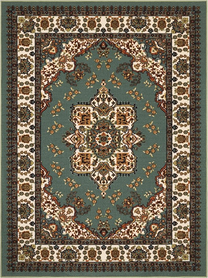 Antep Rugs Alfombras Oriental Traditional 5x7 Non-Skid (Non-Slip) Low Profile Pile Rubber Backing Indoor Area Rugs (Green, 5' x 7')
