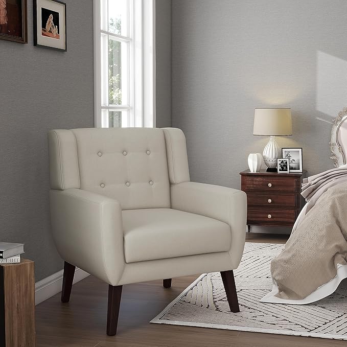 UIXE Accent Chairs Set of 2, Modern Upholstered Arm Chair Mid-Century Club Armchair Comfy Single Lounge Sofa, Button Tufted Living Room Reading Seat Bedroom Side Sitting, White