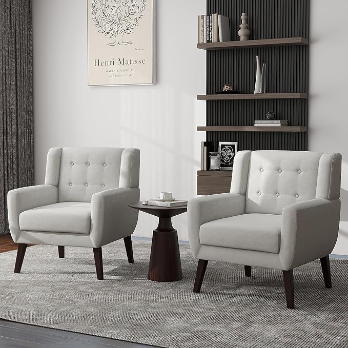 UIXE Accent Chairs Set of 2, Modern Living Room Arm Chair Mid-Century Upholstered Club Armchair, Comfy Fabric Single Sofa Button Tufted Reading Seat Bedroom Side Sitting, Beige