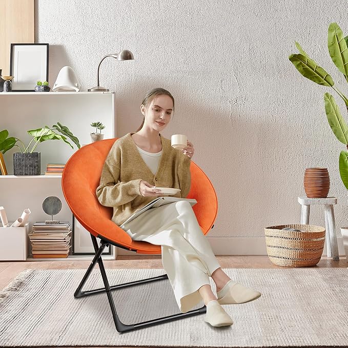 Folding Faux Fur Saucer Chair,Portable Folding Soft Moon Chair,Comfortable Lounge Chair with Metal Frame for Bedroom, Dorm Rooms, Apartments, Lounging, Garden and Courtyard, Orange