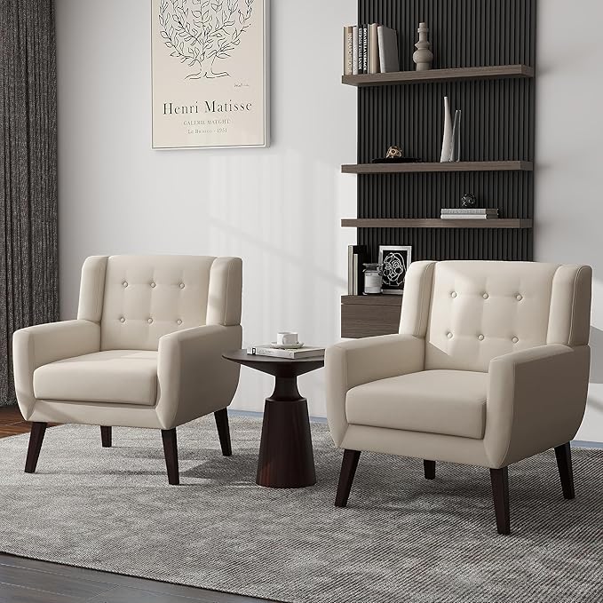 UIXE Accent Chairs Set of 2, Modern Upholstered Arm Chair Mid-Century Club Armchair Comfy Single Lounge Sofa, Button Tufted Living Room Reading Seat Bedroom Side Sitting, White