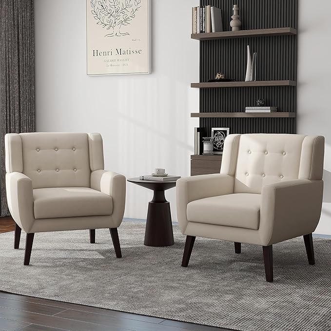 UIXE Accent Chairs Set of 2, Modern Upholstered Arm Chair Mid-Century Club Armchair Comfy Single Lounge Sofa, Button Tufted Living Room Reading Seat Bedroom Side Sitting, White