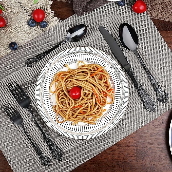 Silverware Set, 30 Pieces Retro Royal Silverware Set for 6, Anti-rust Stainless Steel Flatware Set Including Fork Spoon and Knife, Dishwasher Safe, Black