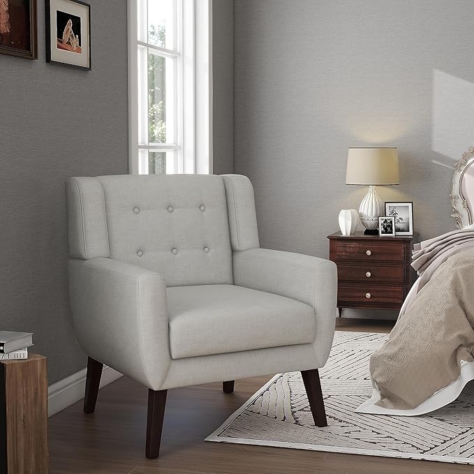 UIXE Accent Chairs Set of 2, Modern Living Room Arm Chair Mid-Century Upholstered Club Armchair, Comfy Fabric Single Sofa Button Tufted Reading Seat Bedroom Side Sitting, Beige