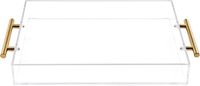 12"x12" Clear Acrylic Serving Tray with Golden Handles, Sturdy Huge Capacity Acrylic Trays for Coffee, Juice, Kitchen and Desk Organizer, Storage Tray (12"x12")