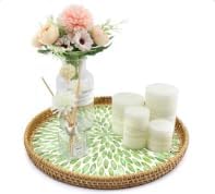 Round Rattan Tray with Mother of Pearl Inlay, Decorative Rattan Serving Tray for Home Boho Decor, Coffee Table, Bread, Food, Tea, Fruit Wicker Basket, 100% Natural Materials Green(12"+13.8") 1 Set