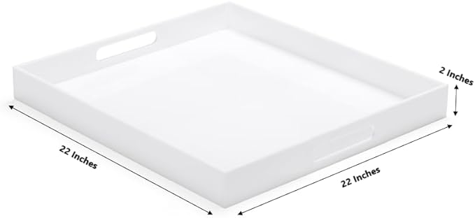 White Modern Acrylic Ottoman Tray with Cutout Handles 22x22 Inch Over-Sized Serving Tray Rubber Boot Tray Organizer Decorative Tray for Living Room, Bedroom,Bathroom and Kitchen Tabletop