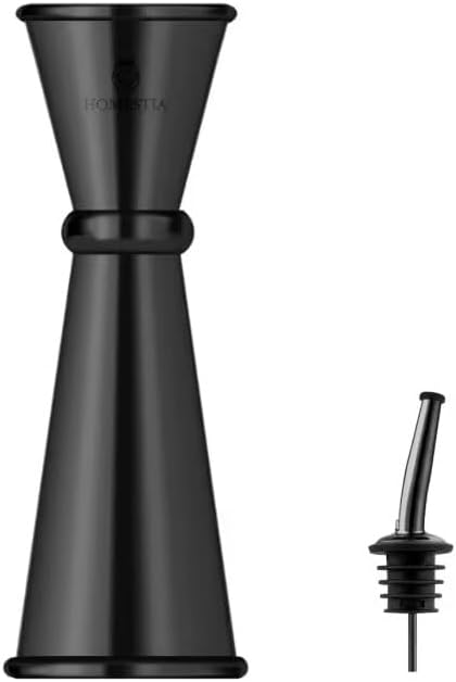Homestia Japanese Jigger - Cocktail Measuring Double Jiggers for Bartending, Copper Jigger with Measurements Inside - Stainless Steel Bar Tools For Bartenders, 2 oz 1 oz with 1 Pourer (Black)