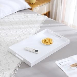 Glossy White Acrylic Serving Tray with Handles-Lucite Tray for Ottoman,Coffee Table, Breakfast, Tea, Food, Butler - Decorative Tray (12x20 Inch, White)