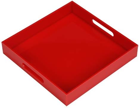 Sturdy Red Acrylic Serving Tray with Handles - 10x10Inch, Coffee/Appetizer/Butler Tray - Kitchen Countertop & Vanity Table Organizer