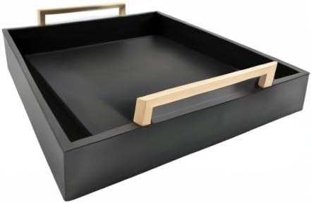 Decorative Coffee Table Tray - Ottoman Tray - Breakfast, Drinks, Liquor Serving Platter - from Farmhouse to Modern - Matte Finish - Champagne Gold Handles - Pitch Black Tray
