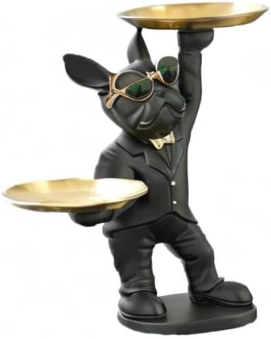 Adorable French Bulldog Statue with 2 Trays and Cute Glasses Black Resin Dog Sculpture Ornament Animal Figurines Home Decor Anniversary Thanksgiving Christmas Birthday Gifts
