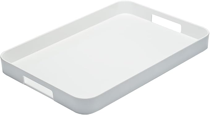Bzyoo 11.5 x 16 Inch Large Rectangle Stackable Melamine Serving Tray with Handles – Minimalist Design, Multi-Purpose and Durable, BPA Free– Perfect for Kitchen, Dining, and Entertaining - White