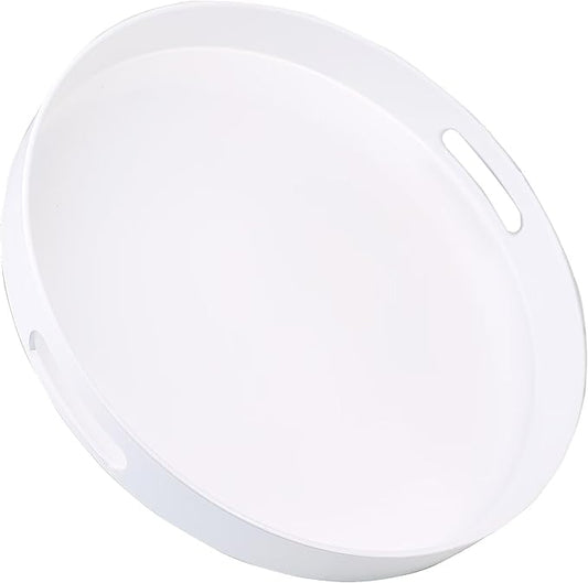 Round White Decorative Serving Tray with Handles, 13” Versatile Ottoman Tray for Coffee Table, Entertaining, Outdoor Patio, Living Room