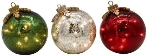 Glass Tabletop Christmas Ornaments|Pre-Lit with Soft White LEDs for Tabletop Xmas Home Party Centerpiece Mantel (3pc)