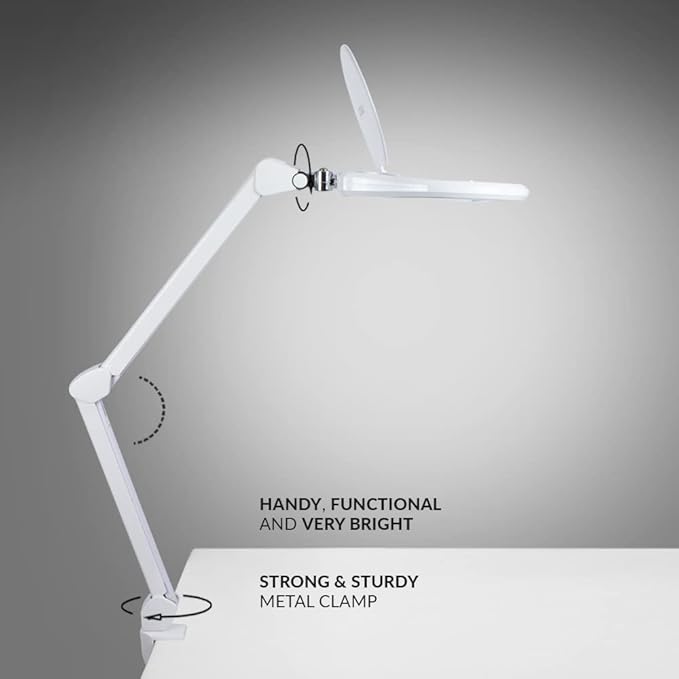 Neatfi Elite XL HD Bifocals Super LED Magnifying Lamp with Clamp, Glass Lens, 6500K, Glare-Free, Nonpolar Dimming (6 Inch Lens, White)