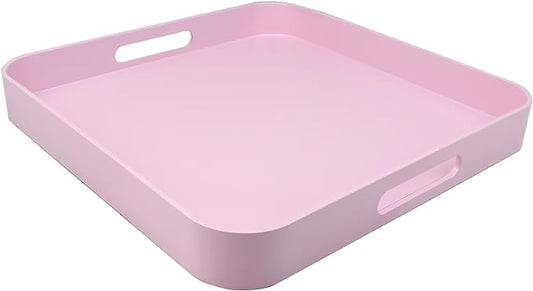 Square Pink Decorative Serving Tray with Handles, Versatile Ottoman Tray for Coffee Table, Entertaining, Outdoor Patio, Living Room, 13”*13”*1.6”