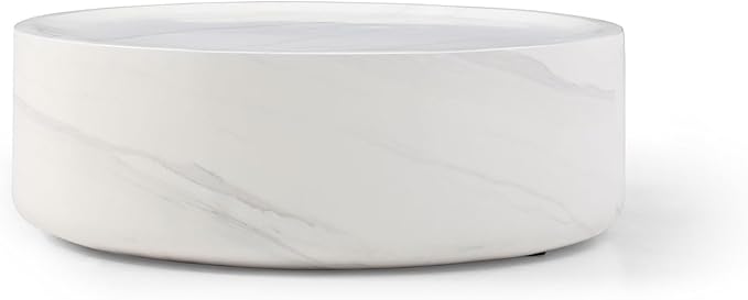 Marble Coffee Table, Modern Round Coffee Table, Circle Drum Coffee Tables, Fiberglass Center End Table for Living Room Apartment Office, No Assembly (31.49" Faux Marble White)