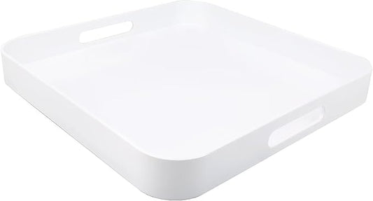 Square White Decorative Serving Tray with Handles, Versatile Ottoman Tray for Coffee Table, Entertaining, Outdoor Patio, Living Room, 13”*13”*1.6”