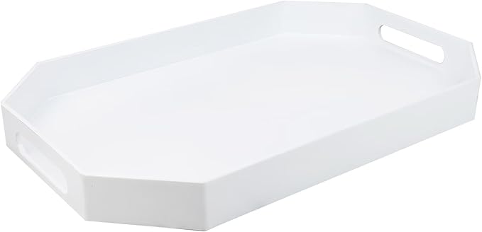 White Octagonal Serving Tray with Handles for Coffee Table, Plastic Decorative Tray for Ottoman, Kitchen Counter, Living Room, Outdoor Lacquer Tray for Entertaining