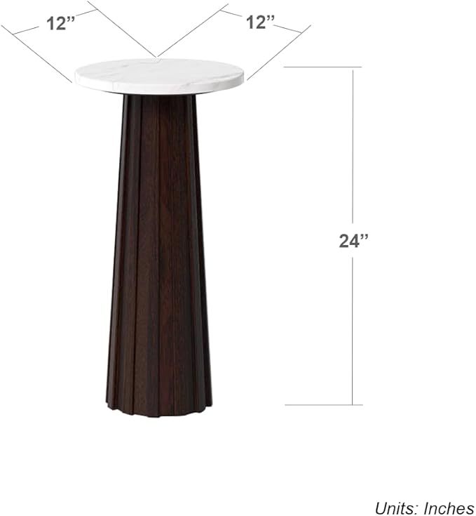 Relso Ma'gro Drink Table – Solid Mango Wood Fluted Base with Real White Marble Top | Farmhouse Accent Side Table for Boho Decor, Bedside, Entryway, Plant Stand, Night Stand & Small Living Spaces
