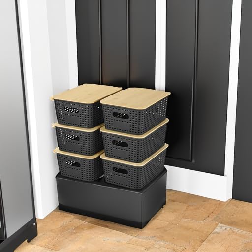 Plastic Storage Baskets With Bamboo Lid - Plastic Storage Containers Stackable Storage bins: Storage Baskets for Organizing Shelves Drawers Desktop Closet Playroom Classroom Office, 6 Pack
