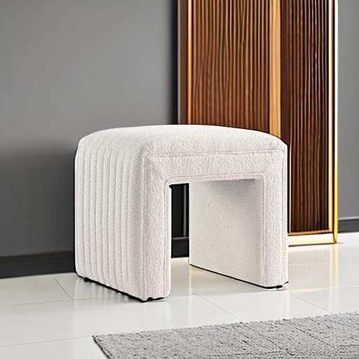 Get Set Style Vanity Stool Chair,Modern Boucle Ottoman Foot Stool with Wooden Legs Sofa Bench Footstool Extra Seat for Vanity,Makeup Room,Living Room,Entryway,Office (Fully Assembled)