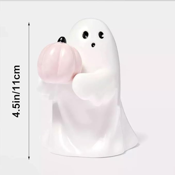Halloween Cute Ghost Figurine with Pink Pumpkin– Resin Mini Statue, Romantic Shelf & Desk Decor, Halloween or Valentine’s Day Gift for Home, Office, and Friends
