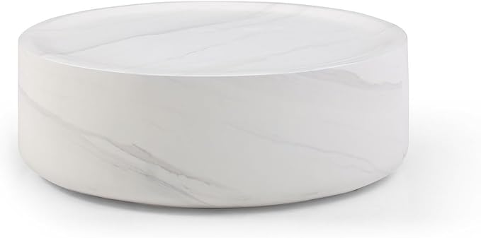 Marble Coffee Table, Modern Round Coffee Table, Circle Drum Coffee Tables, Fiberglass Center End Table for Living Room Apartment Office, No Assembly (31.49" Faux Marble White)