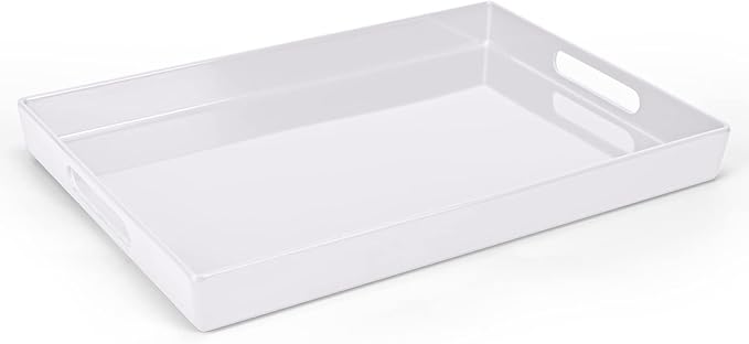 Serving Tray with Handles-10x15Inch White Melamine Modern Serving Platters,Serving Wine,Coffee,Breakfast/Kitchen Countertop Tray/Makeup Drawer Organizer/Vanity Table Tray/Decorative Tray