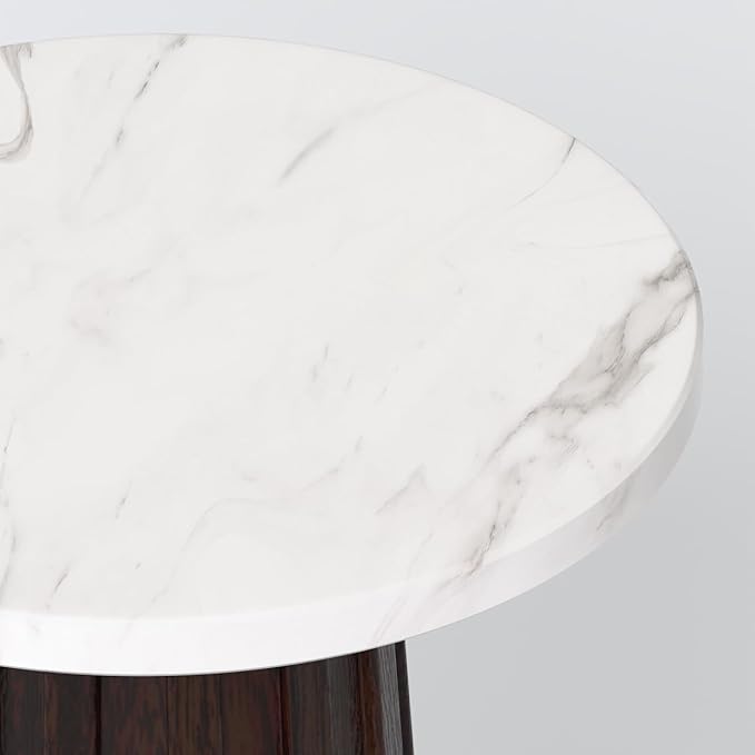 Relso Ma'gro Drink Table – Solid Mango Wood Fluted Base with Real White Marble Top | Farmhouse Accent Side Table for Boho Decor, Bedside, Entryway, Plant Stand, Night Stand & Small Living Spaces