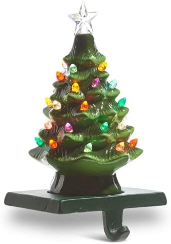 RAZ Imports Vintage Green Lighted Tree Stocking Holder, 8.5-inch Height, Ceramic, Metal and Plastic, Christmas, Home Décor