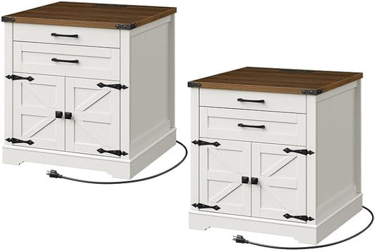 Farmhouse End Table Set of 2, 24'' Sofa Side Table with 2 Drawers and Barn Door, Large Rustic Wooden Square Nightstand for Bedroom, Living Room, White and Walnut