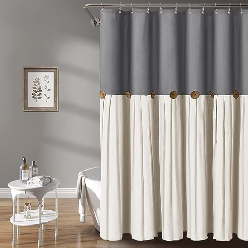 Awellife Farmhouse Cream Shower Curtain Button Linen Textured Woven Fabric,Country Style (Gray & Cream, 60" W x 72" L)