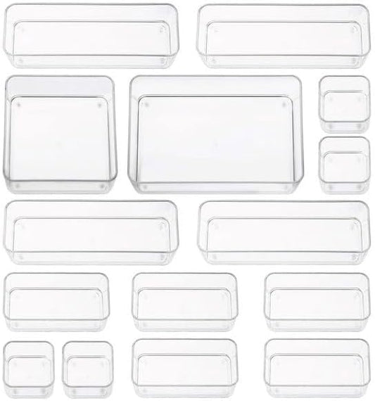 Fifteen Pieces. Plastic Clear Drawer Organizers. Bathroom, Kitchen, Bedroom, Utensils, Office Organizer Bins, Storage Trays. Heavy Duty, Stackable 5 Sizes.