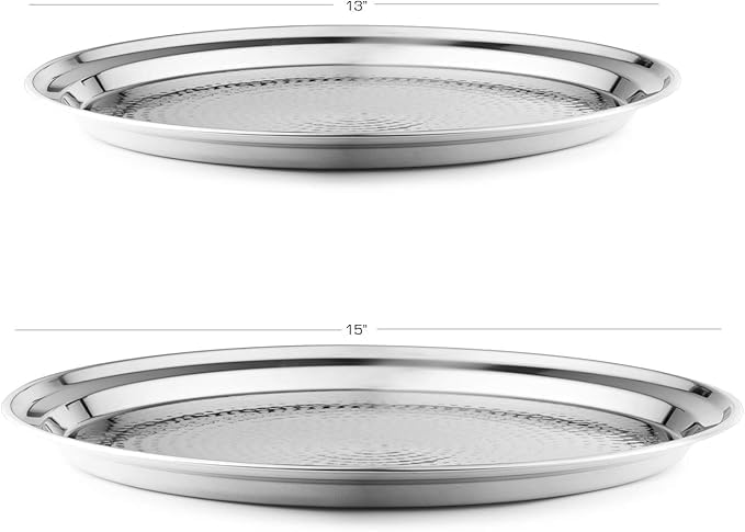 Hammered Stainless Steel Trays – Round Metal Silver Serving Trays - 2 Pc - Large Tray 15” Medium Tray 13” - Decorative Platters – by Bonito Home