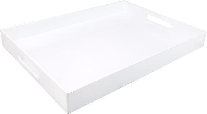 White Serving Tray for Coffee Table, Rectangular Plastic Decorative Tray with Handles for Entertaining, Outdoor Patio, Living Room, Ottoman, Bathroom Counter, 11.8”*15.7”*1.6”