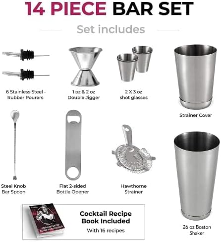 Cocktail Shakers Set, 14 Piece Stainless Steel Bar Tools Kit with Shaking Tins, Flat Bottle Opener, Double Bar Jigger, Hawthorne Strainer, Shot Glasses, Bar Spoon, and 6 Pour Spouts.