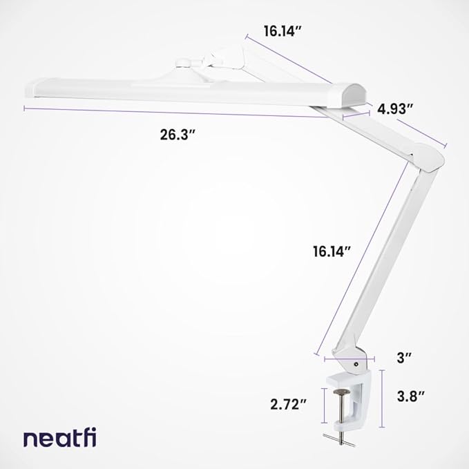 Neatfi Ultra 3,500 Lumen LED Desk Lamp, Color Correlated Temperature, 3 Light Modes, Dimmable, 45W, 26 Inch Wide Metal Shade, 540 SMD LEDs (CCT with Clamp, White)
