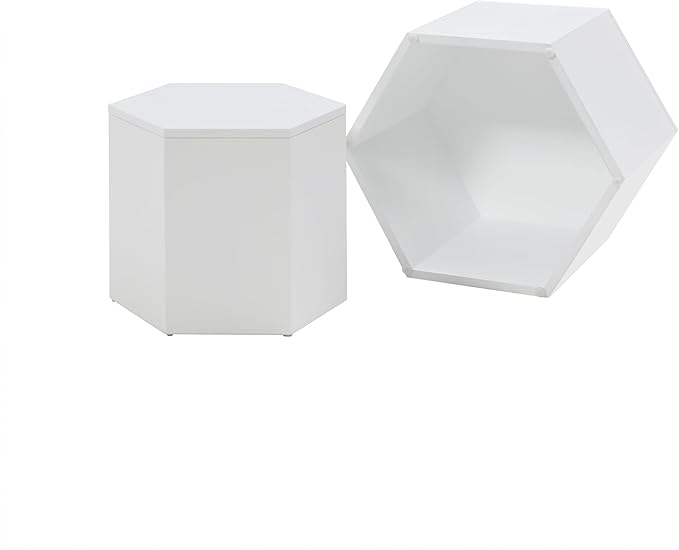 Nesting Coffee Table Set of 2, Wood Round Coffee Table, Modern Hexagon Coffee Table for Small Space Living Room, White