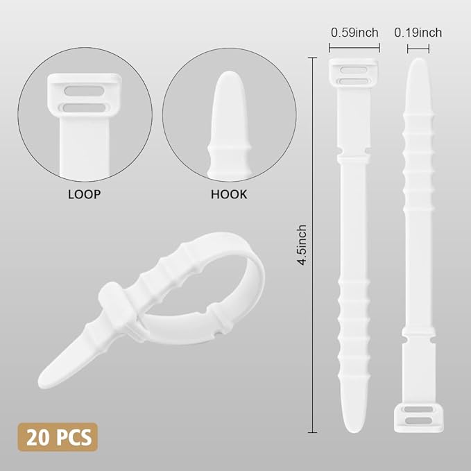 Silicone Zip Ties, Reusable Zip Ties, 20pcs Rubber Cable Ties Straps,Cable Management,Travel Essentials Elastic Fastening Cord Ties Cord Organizer for Office,White Cable Straps 4.5inch (20Pcs White)