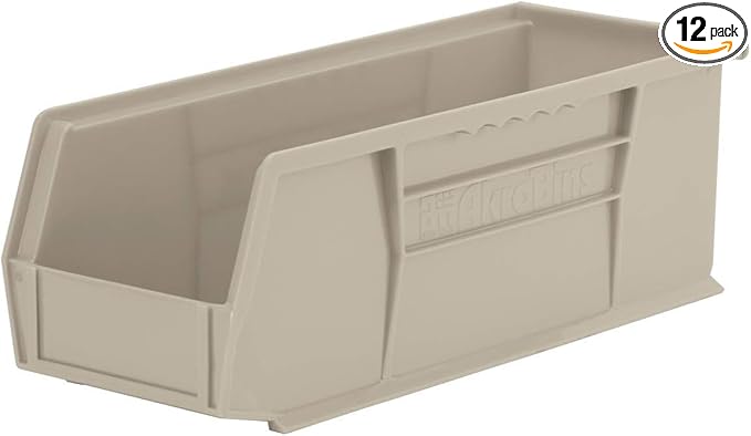 Akro-Mils 30234 AkroBins Plastic Storage Bins, Space-Saving Stackable Bins for Garage, Pantry, Craft Organization, 15" x 5" x 5", Stone, 12-Pack