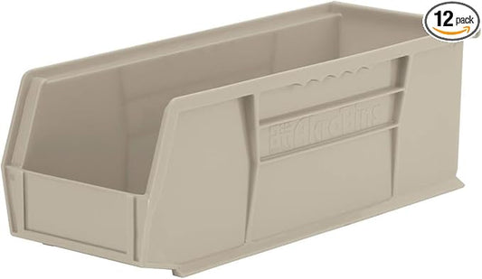 Akro-Mils 30234 AkroBins Plastic Storage Bins, Space-Saving Stackable Bins for Garage, Pantry, Craft Organization, 15" x 5" x 5", Stone, 12-Pack