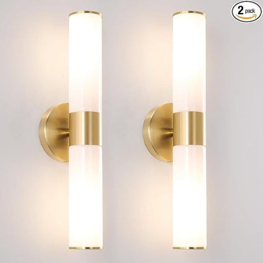 Gold Bathroom Wall Sconces Set of 2, Brass Wall Sconce with Mikly White Glass Shade, Modern Sconces Wall Lighting, Vanity Light Fixtures, Wall Lights for Mirror Living Room Bedroom Hallway Stairs